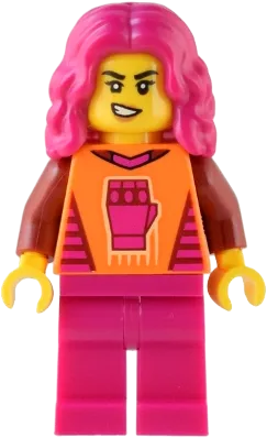 Gaming Tournament Participant - Female, Orange T-Shirt with Fist, Magenta Legs, Magenta Hair minifigure