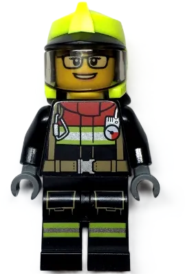 Fire - Female, Black Jacket and Legs with Reflective Stripes and Red Collar, Neon Yellow Fire Helmet, Trans-Brown Visor, Black Glassesimage
