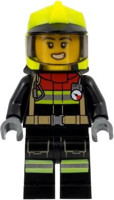 Fire - Female, Black Jacket and Legs with Reflective Stripes and Red Collar, Neon Yellow Fire Helmet, Trans-Brown Visor, Scared Open Mouth with Teethimage