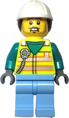 Utility Worker - Male, Neon Yellow Safety Vest, Bright Light Blue Legs, White Helmet, Dark Brown Ponytailimage