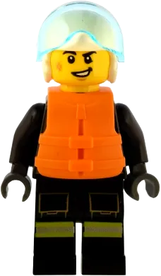 Fire - Male, Black Jacket and Legs with Reflective Stripes and Red Collar, White Helmet, Trans-Light Blue Visor, Orange Life Jacket minifigure