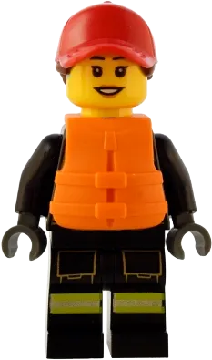Fire - Female, Reflective Stripes with Utility Belt and Flashlight, Red Cap with Reddish Brown Ponytail, Orange Life Jacket minifigure