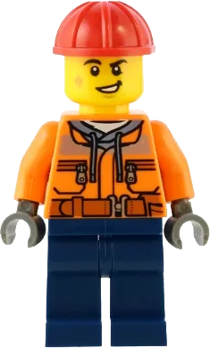 Construction Worker - Male, Orange Safety Jacket, Reflective Stripe, Sand Blue Hoodie, Dark Blue Legs, Red Construction Helmet minifigure