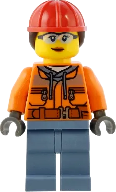 Construction Worker - Female, Orange Safety Jacket, Reflective Stripe, Sand Blue Hoodie, Sand Blue Legs, Red Construction Helmet with Dark Brown Ponytail Hair minifigure