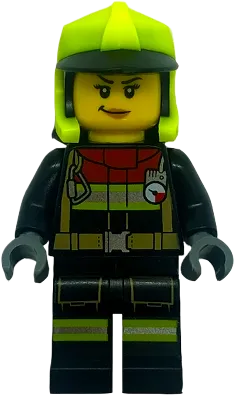 Fire - Female, Black Jacket and Legs with Reflective Stripes and Red Collar, Neon Yellow Fire Helmet, Right Raised Eyebrow, Medium Nougat Lips, Smirk minifigure