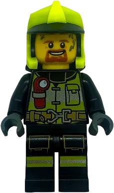 Fire - Reflective Stripes with Utility Belt and Flashlight, Neon Yellow Fire Helmet, Dark Orange Moustache and Goatee, Soot Marks minifigure