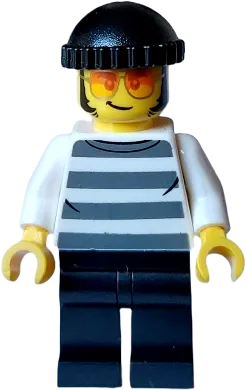 City Bandit Crook Male - White Shirt with Dark Bluish Gray Prison Stripes, Black Legs, Black Knit Cap, Sunglasses minifigure