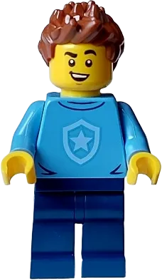 Police - City Officer in Training Male, Medium Blue Shirt with Badge, Dark Blue Legs, Reddish Brown Hair, Open Smileimage