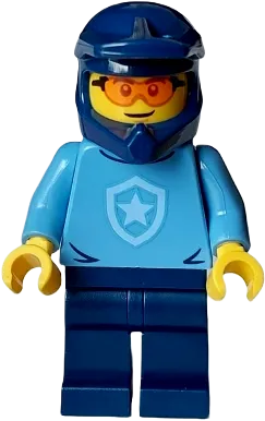 City Officer - Medium Blue Shirt with Badge, Dark Blue Legs, Dark Blue Dirt Bike Helmet, Safety Glasses minifigure