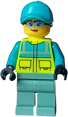 Paramedic - Female, Dark Turquoise and Neon Yellow Safety Vest, Sand Green Legs, Dark Turquoise Ball Cap with Black Ponytail, Glasses minifigure