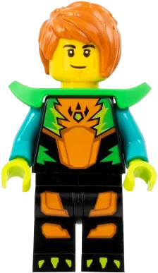 Stuntz Driver - Male, Black Jumpsuit with Orange Trim and Dark Turquoise Arms, Bright Green Shoulder Pads, Dark Orange Hairimage