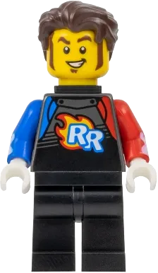 Rocket Racer - Stuntz Driver, Black Jumpsuit with Blue and Red Arms, Dark Brown Hair minifigure