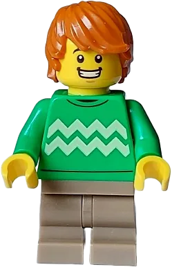 Boy - Bright Green Sweater, Dark Tan Medium Legs, Open Mouth Smile, Dark Orange Hair minifigure