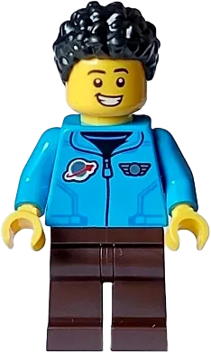 Cozy House Resident - Male, Dark Azure Jacket with Classic Space Logo, Dark Brown Legs, Black Short Coiled Hair minifigure