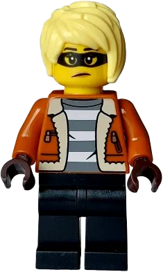 City Bandit Crook Female - Dark Orange Jacket, Black Legs, Bright Light Yellow Hair minifigure