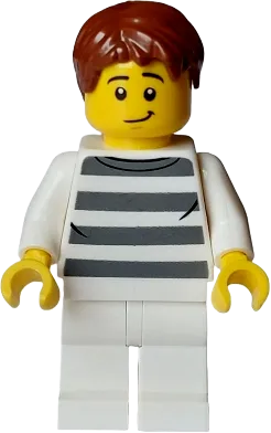City Bandit Crook Male - White Shirt with Dark Bluish Gray Prison Stripes, White Legs, Reddish Brown Hair minifigure