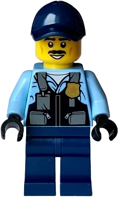 City Officer Male - Safety Vest with Police Badge, Dark Blue Legs, Dark Blue Cap, Black Moustache minifigure