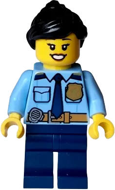 City Officer Female - Shirt with Dark Blue Tie and Gold Badge, Dark Tan Belt with Radio, Dark Blue Legs, Black Ponytail minifigure