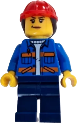 Construction Worker - Female, Blue Jacket with Diagonal Lower Pockets and Orange Stripes, Dark Blue Legs, Red Construction Helmet with Dark Brown Ponytail Hair minifigure