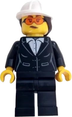 Construction Engineer / Architect - Female, Black Suit Jacket with White Button Up Shirt, Black Legs, White Construction Helmet with Dark Brown Ponytail Hair, Safety Glasses minifigure