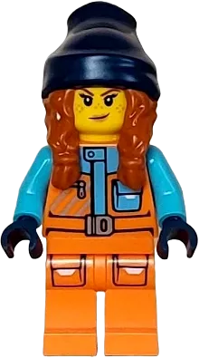 Arctic Explorer - Female, Orange Jacket, Dark Orange Braids with Dark Blue Beanie, Freckles minifigure