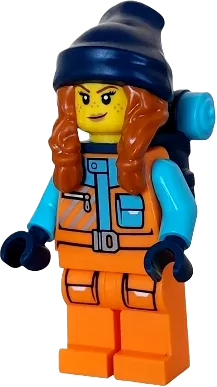 Arctic Explorer - Female, Orange Jacket, Dark Orange Braids with Dark Blue Beanie, Freckles, Backpack minifigure