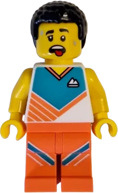 Fitness Instructor - Male, White Shirt with Dark Turquoise Panel, Coral Legs, Black Hair minifigure