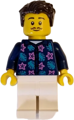 Apartment Building Resident - Male, Dark Blue Jacket with Flowers and Leaves, White Legs, Dark Brown Hair, Moustache minifigure