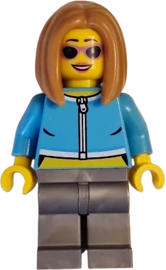 Apartment Building Resident - Female, Medium Azure Crop Top Jacket, Flat Silver Legs, Medium Nougat Hair, Sunglasses minifigure