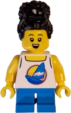 Child - Girl, White Tank Top with Sailboat, Dark Azure Short Legs, Black Coiled Hair with Bun, Freckles minifigure