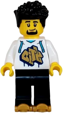 Rollerskater - Male, White Hoodie with Gold 'CITY', Black Legs, Pearl Gold Roller Skates minifigure