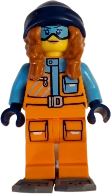 Arctic Explorer - Female, Orange Jacket, Dark Orange Braids with Dark Blue Beanie, Medium Azure Goggles, Dark Bluish Gray Snowshoes minifigure