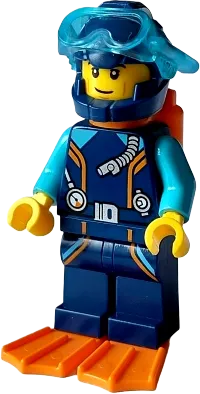 Arctic Explorer Diver - Male, Dark Blue Diving Suit and Helmet, Orange Air Tanks and Flippers, Trans-Light Blue Diver Mask, Grin minifigure
