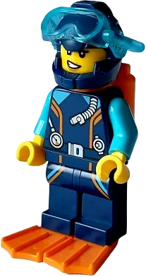 Arctic Explorer Diver - Female, Dark Blue Diving Suit and Helmet, Orange Air Tanks and Flippers, Trans-Light Blue Diver Mask minifigure