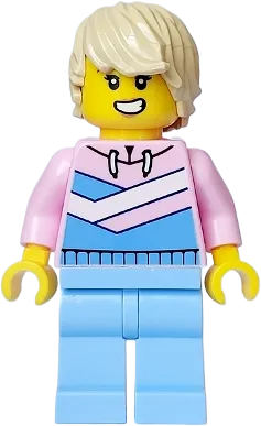 Tuk Tuk Driver - Female, Bright Pink Hoodie with Medium Blue and White Diagonal Stripes, Bright Light Blue Legs, Tan Tousled Hair minifigure