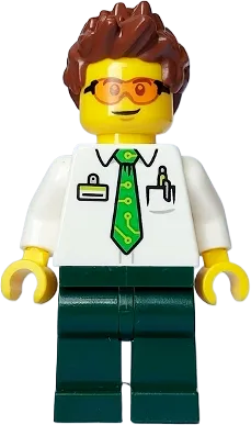 Electric Scooter Rider - Male, White Shirt with Bright Green Tie, Dark Green Legs, Reddish Brown Spiked Hair, Safety Glasses minifigure