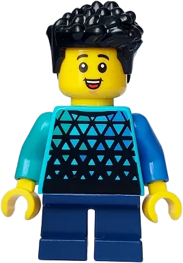 Child - Boy, Medium Azure Top with Triangles, Dark Blue Short Legs, Black Hair minifigure