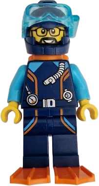 Arctic Explorer Diver - Male, Dark Blue Diving Suit and Helmet, Orange Air Tanks and Flippers, Trans-Light Blue Diver Mask, Beard and Glasses minifigure