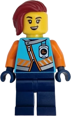 Arctic Explorer - Female, Medium Azure Jacket, Name Badge, Dark Red Hair minifigure