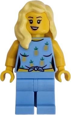 Car Driver - Female, Bright Light Blue Knotted Top with Pineapples and Legs, Bright Light Yellow Hair minifigure