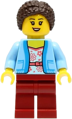 Mom - Bright Light Blue Jacket over White Shirt with Coral Flowers, Dark Red Legs, Dark Brown Braided Hair with Knot Bun minifigure