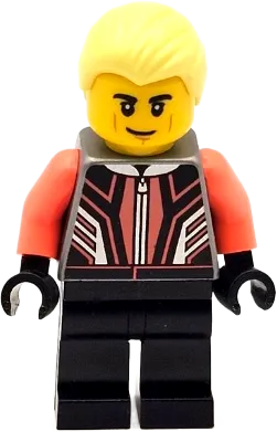 Race Car Driver - Male, Black and Coral Racing Suit, Black Legs, Bright Light Yellow Hair minifigure