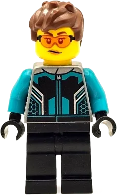 Race Car Driver - Female, Black and Dark Turquoise Racing Suit, Black Legs, Reddish Brown Hair, Safety Glasses minifigure