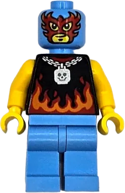 Taco Monster Truck Driver - Male, Black Sleeveless Shirt with Flames, Medium Blue Legs, Wrestling Mask minifigure