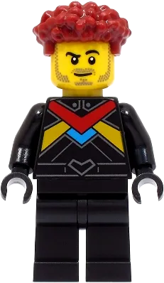Race Car Driver - Male, Black Racing Suit with Red, Dark Azure and Bright Light Orange Stripes, Dark Red Hair minifigure