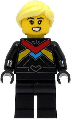 Monster Truck Driver - Female, Black Racing Suit with Red, Dark Azure and Bright Light Orange Stripes, Bright Light Yellow Hair minifigure