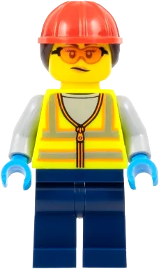 Airport Worker - Female, Neon Yellow Safety Vest, Dark Blue Legs, Red Construction Helmet with Dark Brown Ponytail Hair, Safety Glasses minifigure
