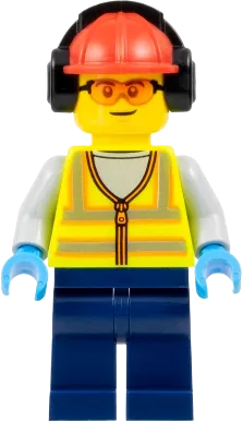 Airport Worker - Male, Neon Yellow Safety Vest, Dark Blue Legs, Red Construction Helmet with Black Ear Protectors / Headphones, Safety Glasses minifigure