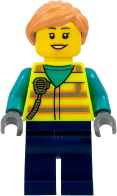 Airport Worker - Female, Neon Yellow Safety Vest with Radio, Dark Blue Legs, Nougat Ponytail Hair, Hearing Aid minifigure
