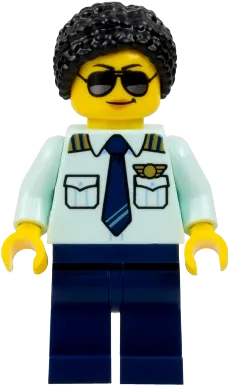 Passenger Plane Pilot - Female, Light Aqua Uniform Shirt with Tie, Dark Blue Legs, Black Braided Hair with Knot Bun, Sunglasses minifigure